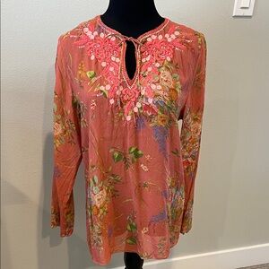 CAbi Floral Embroidered Blouse - Coral and Green